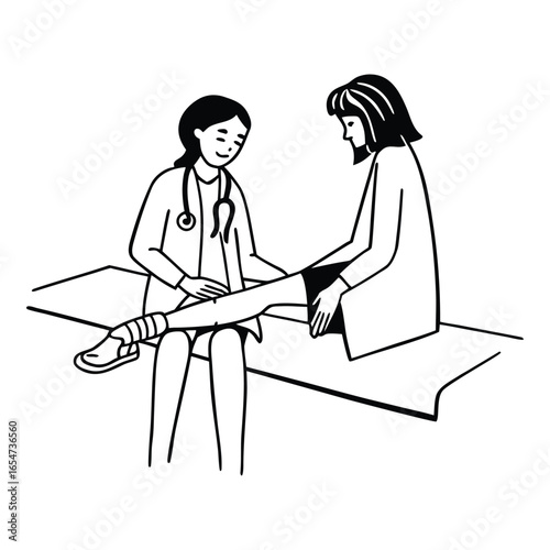 Doctor examining patient knee line art.