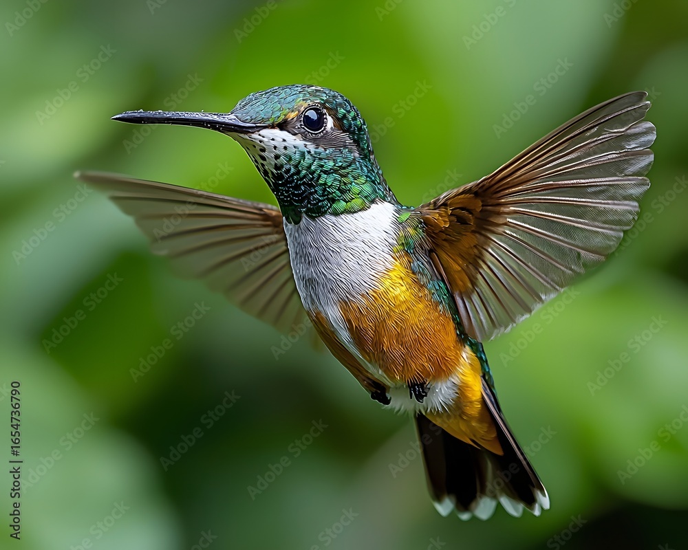 Fototapeta premium A hummingbird in flight with blurred wings