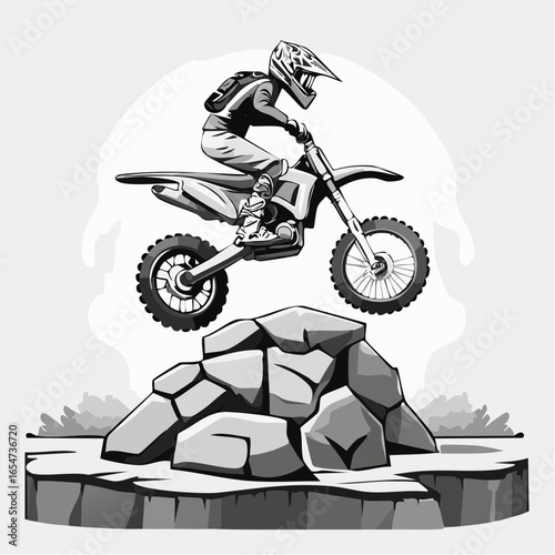 Skilled Motocross Rider Performing a Stunt on a Massive Rock Barrier in Vector Illustration