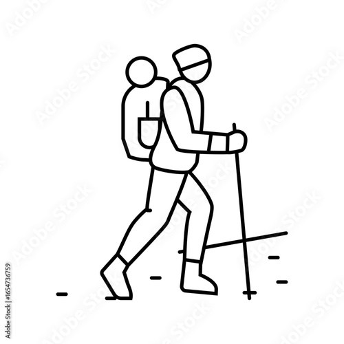 hiking backpack and walking stick line icon vector illustration