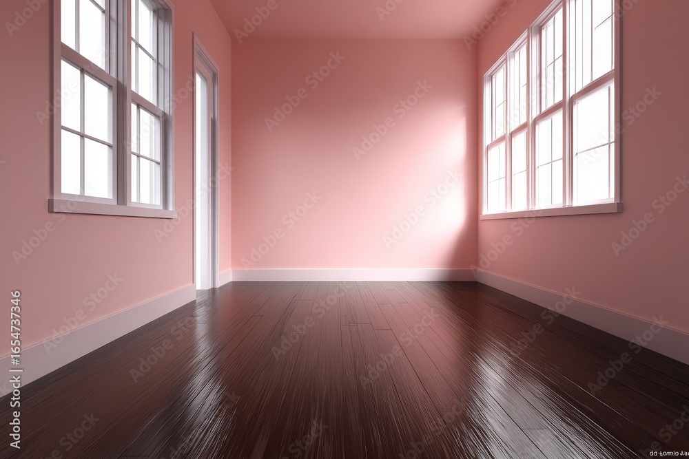 Obraz premium An empty room with pink walls, a dark wooden floor, and large windows, showcasing a bright, serene space.