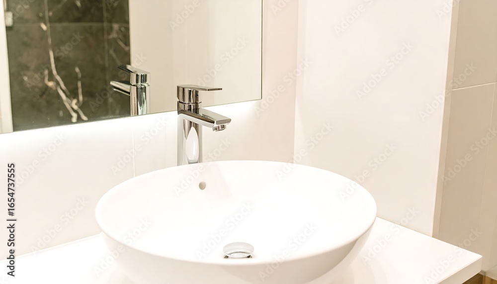 Fototapeta premium Modern bathroom sink and faucet, featuring a clean, minimalist design with a neutral color palette.