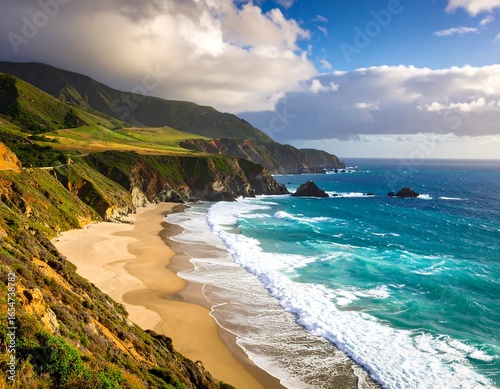 Scenic Big Sur coastline with ocean waves and lush green hills in California