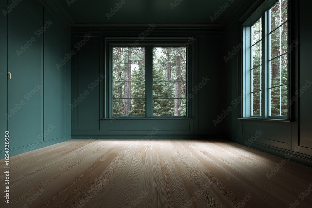A tranquil, empty room with dark teal walls and large windows showcasing a lush forest view, showcasing natural light and a warm wooden floor.