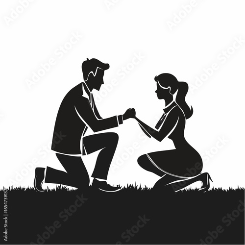Silhouette man and woman kneeling on the ground image vector isolated on white background.