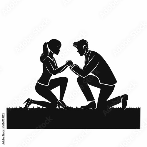 Silhouette man and woman kneeling on the ground image vector isolated on white background.