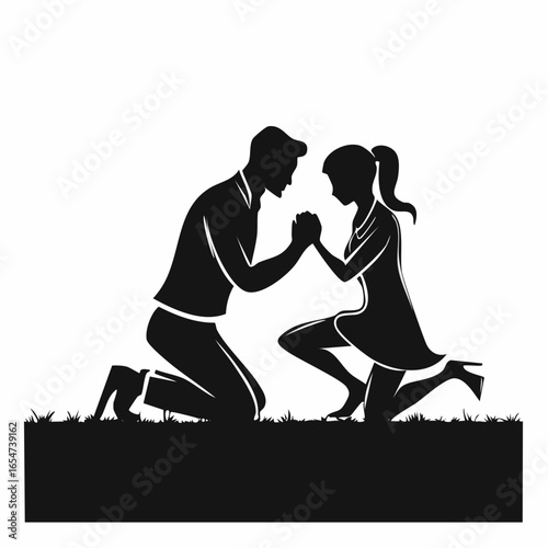 Silhouette man and woman kneeling on the ground image vector isolated on white background.