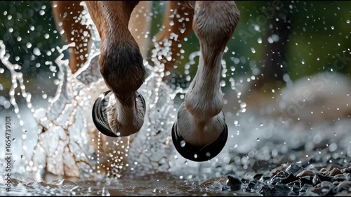 A horse is running through a stream of water. The water is splashing up and around the horse's legs, and the horse's hooves are creating ripples in the water. The scene is peaceful and serene