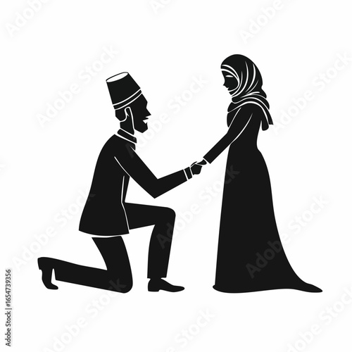Silhouette of a man kneeling down and holding the hand of a standing woman vector image.
