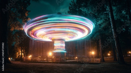 Rotating amusement ride nighttime lights
