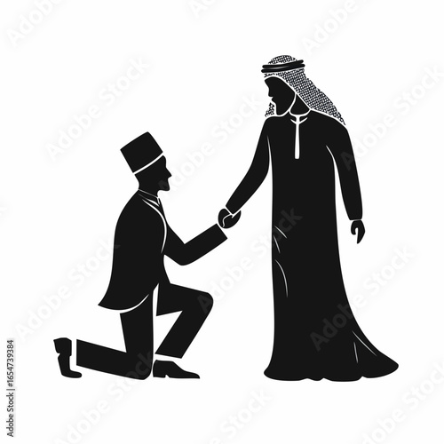 Silhouette of a man kneeling down and holding the hand of a standing woman vector image.