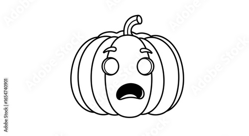 Scared pumpkin cartoon in black and white with wide eyes