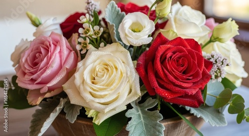 Elegant floral arrangement: roses in red, white and pink create a stunning centerpiece, showcasing delicate beauty and vibrant hues. 