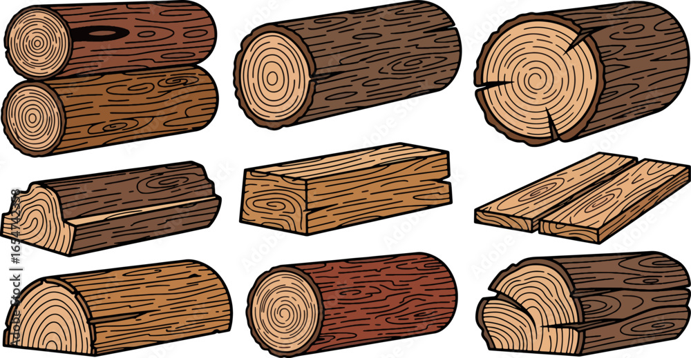 Naklejka premium Vector set of different wooden logs, planks, and timber blocks. Ideal for carpentry, construction materials, and forestry design elements
