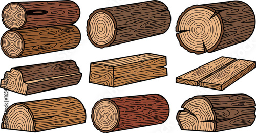 Vector set of different wooden logs, planks, and timber blocks. Ideal for carpentry, construction materials, and forestry design elements