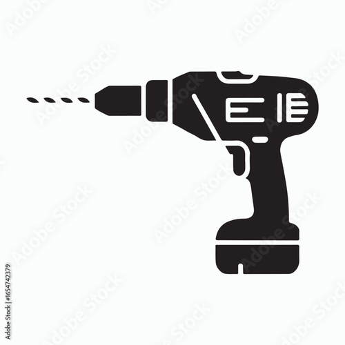 Black silhouette of a cordless power drill with a drill bit