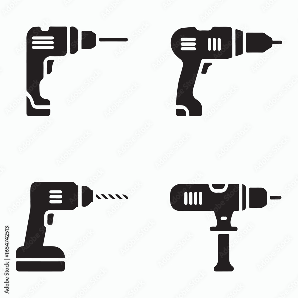 Collection of four black and white cordless drill icons Collection of four black and white cordless drill icons