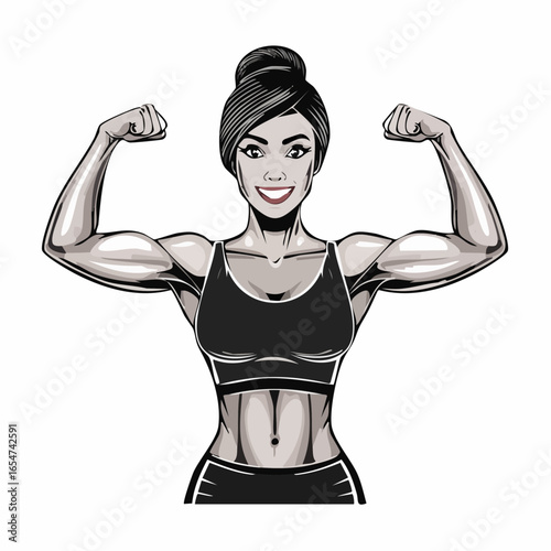 Strong Athletic Woman Confidently Flexing Her Biceps in a Bold Vector Illustration