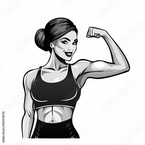 Strong Athletic Woman Confidently Flexing Her Biceps in a Bold Vector Illustration