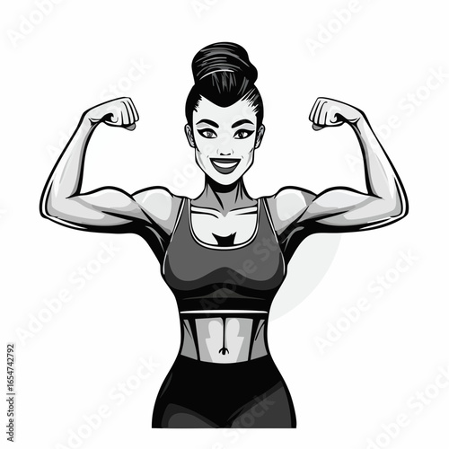 Strong Athletic Woman Confidently Flexing Her Biceps in a Bold Vector Illustration