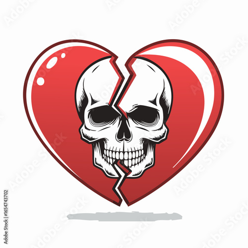 Vector Illustration of a Heart Broken with a Skull Symbol, Representing Heartache and Pain
