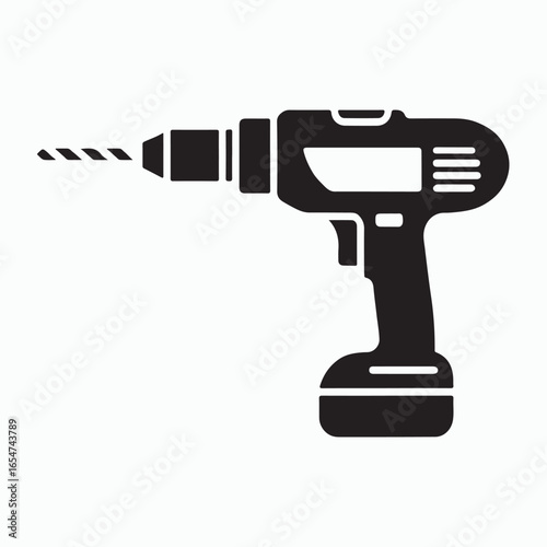 Black silhouette of a cordless electric drill with a drill bit