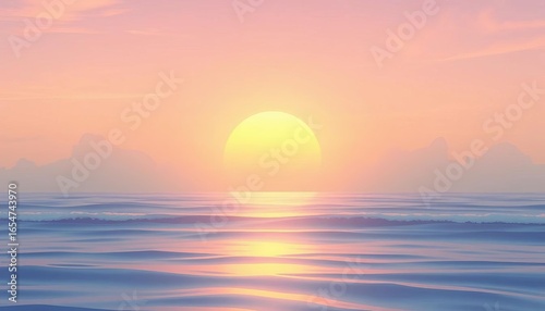 Serene sunset over calm ocean waves, soft pastel colors, minimalist anime style, serene, illustration