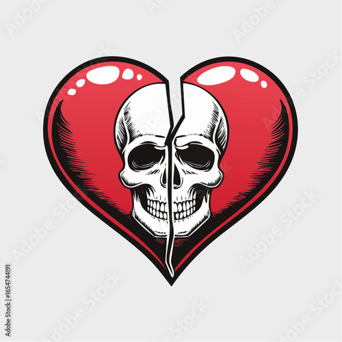 Vector Illustration of a Heart Broken with a Skull Symbol, Representing Heartache and Pain