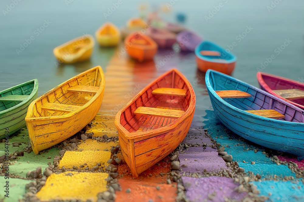 Obraz premium Vibrant Colorful Wooden Boats Lined Path Water Leading Lines Journey Choice Opportunity Future