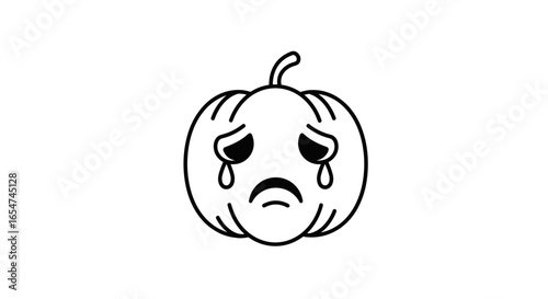 Sad crying pumpkin cartoon in black and white