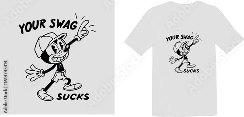 A retro, 1930s-style cartoon character with a hat, pointing and laughing with the text "Your Swag Sucks