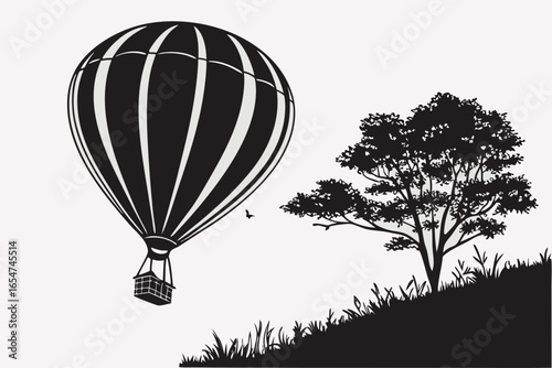 Hot air balloon flying over a landscape with tree isolated on white background