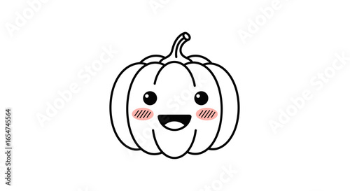 Smiling pumpkin cartoon in black and white with blushing cheeks