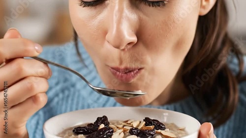 Woman eating oatmeal with raisins and almonds from a white bowl with a spoon
