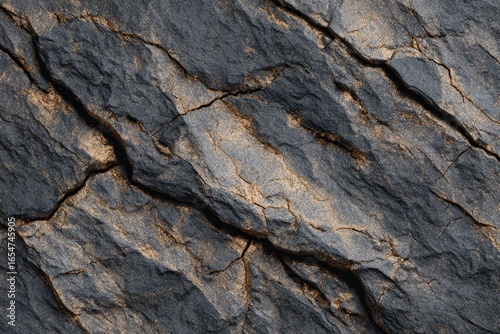 Close-up view of textured dark gray stone with golden highlights, showcasing intricate cracks and patterns.