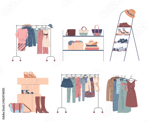 Fashion store equipment. Hangers, hanging bracket, step ladder with shoe racks. Different clothes, shoes and accessories. Flea market, second hand, vector set