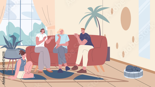 People talking in living room. Public area in hostel or student dormitory. Happy young adults communication, sitting on sofa and on floor, vector scene