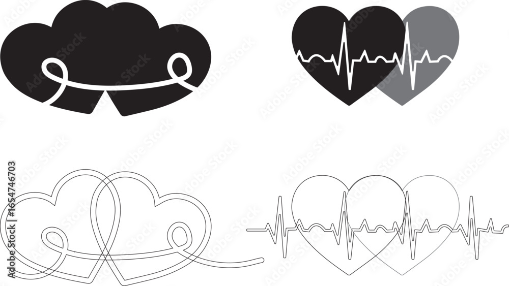 Fototapeta premium Romantic heart and heartbeat vector set – minimalist love line art with medical ECG symbols, abstract couple heart design for Valentine’s Day, wedding, healthcare, and relationship concepts.