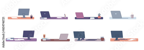 Workplaces. Desk with laptop, computer, paper sheets, stationery. Student, office, administration, call center job organised. Interior elements vector set