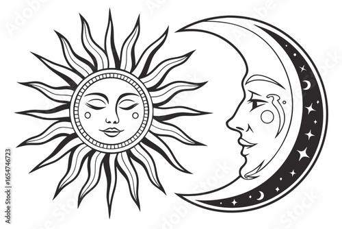 Illustration of sun and moon with faces isolated on white background