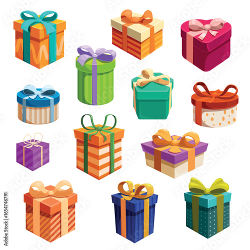 Cartoon vibrant gift boxes. Christmas birthday anniversary presents box with different ribbon bows. Present for event, holiday surprise sapid vector set