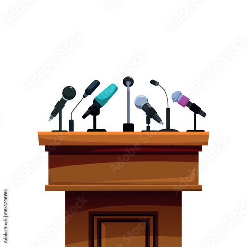 Wooden tribune with different microphones. Isolated press conference podium, place for political speaker, interview, press release, sapid vector element