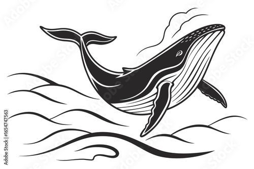 Illustration of a humpback whale jumping out of the sea isolated on white background