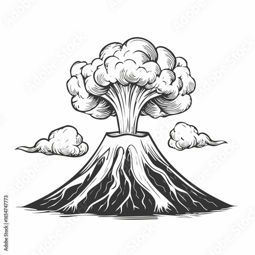 Volcano eruption vector illustration depicting natures disaster with lava and smoke isolated on white background.