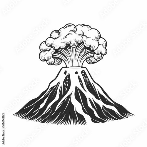 Volcano eruption vector illustration depicting natures disaster with lava and smoke isolated on white background.