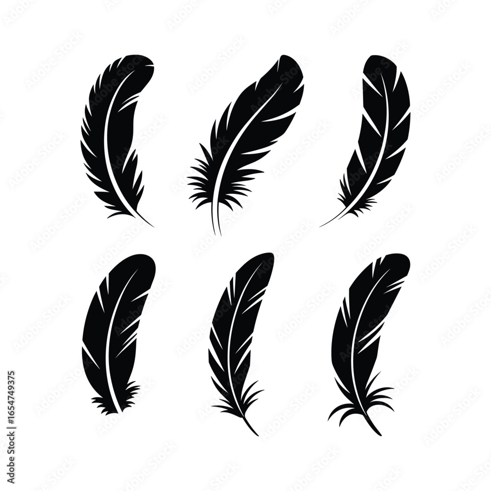 Obraz premium Six silhouetted black feathers displayed in a grid against a white background