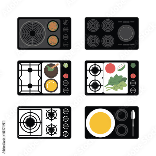 Diverse kitchen stove tops featuring cooking elements and food ingredients