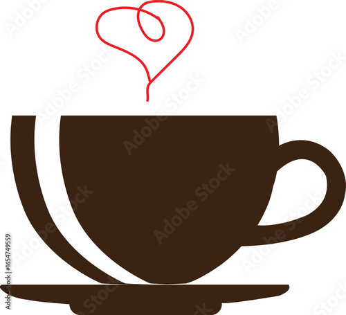 Vector illustration of coffee cup with steam forming a heart shape, romantic hot drink design for restaurant, and beverage themes.