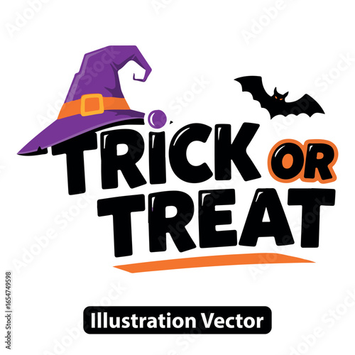 Trick or Treat Halloween illustration with witch hat and flying bat perfect for spooky celebrations