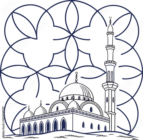 A beautiful minaret and dome of a landmark mosque with a tower and a building in the city of Kazan, Russia